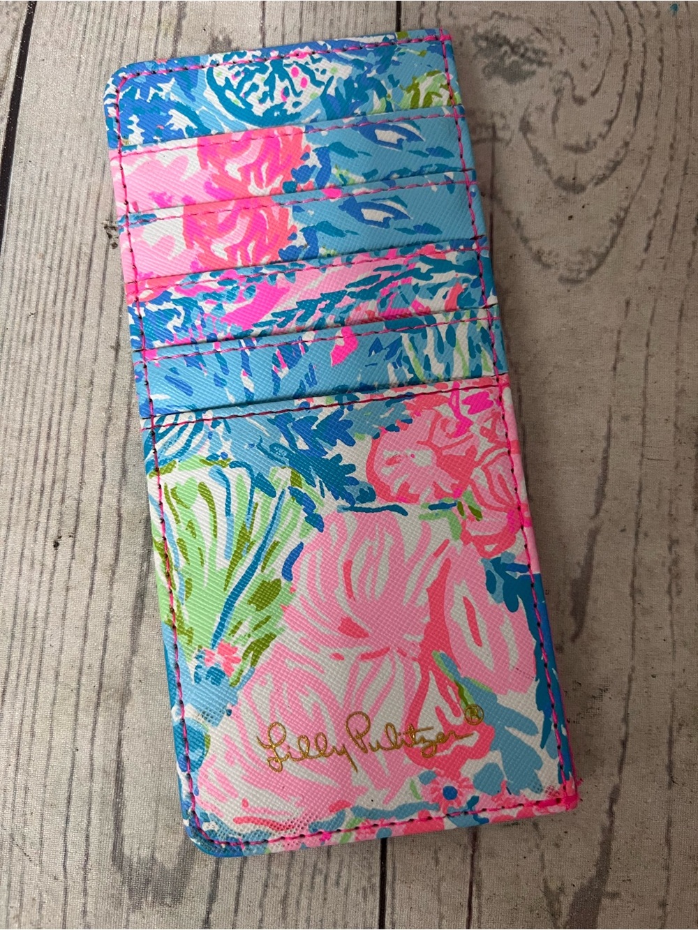 Lilly Pulitzer Card Case Holder Wallet Fish My Wish Floral Pink Blue Slim